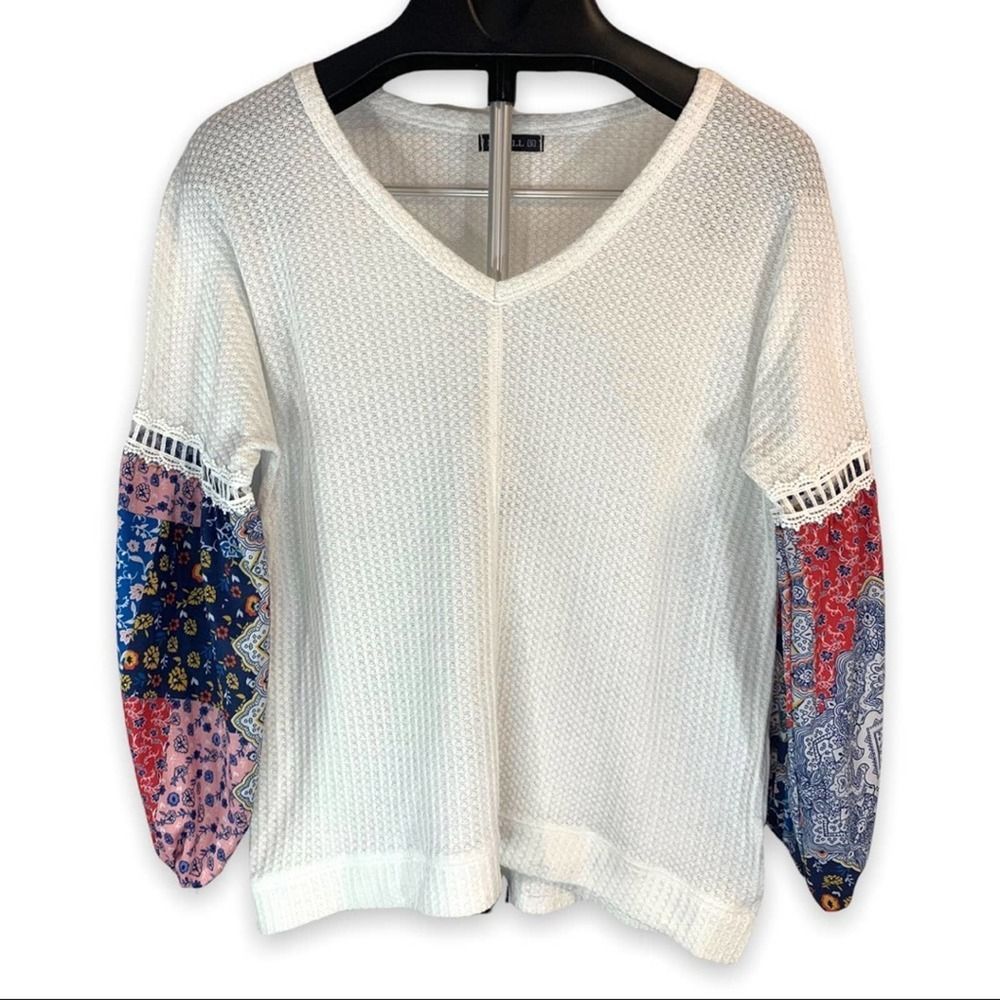 Miholl Wom S White Waffle Knit Pullover V-Neck Sweater Top Statement Sleeve Boho